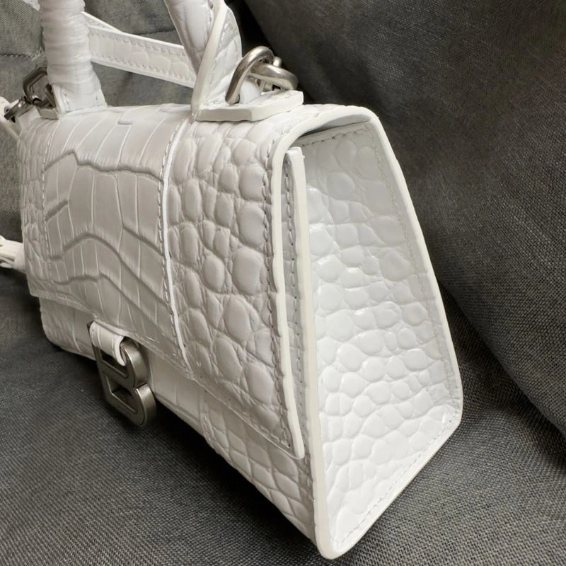 Balenciaga XS Hourglass White Crocodile Bag with Silver Buckle TimelessDesign 69979