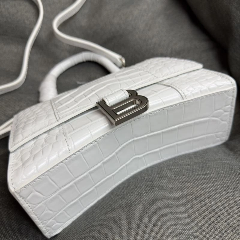 Balenciaga XS Hourglass White Crocodile Bag with Silver Buckle TimelessDesign 69979