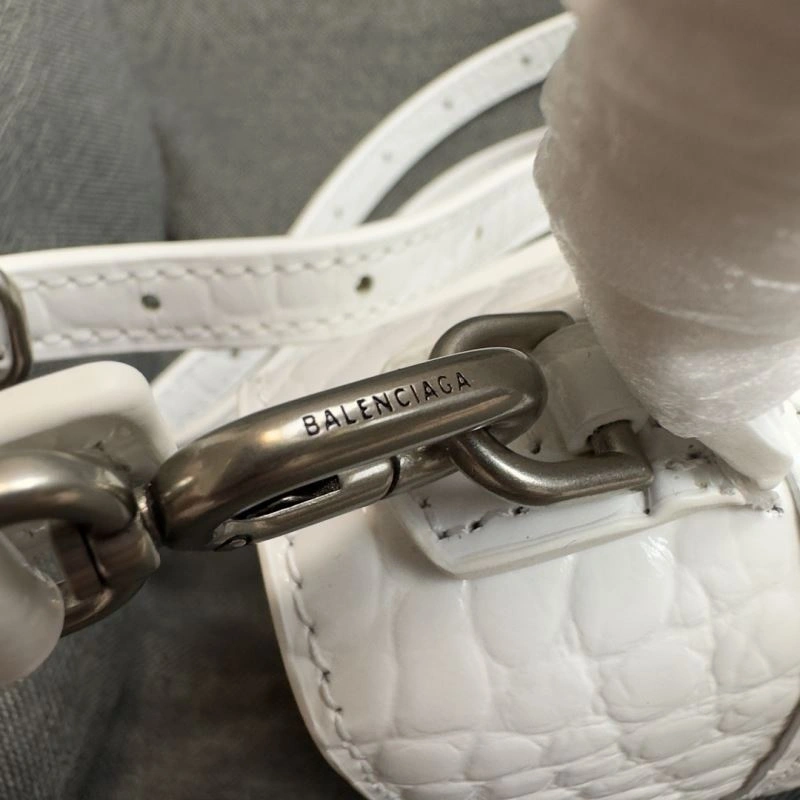Balenciaga XS Hourglass White Crocodile Bag with Silver Buckle TimelessDesign 69979