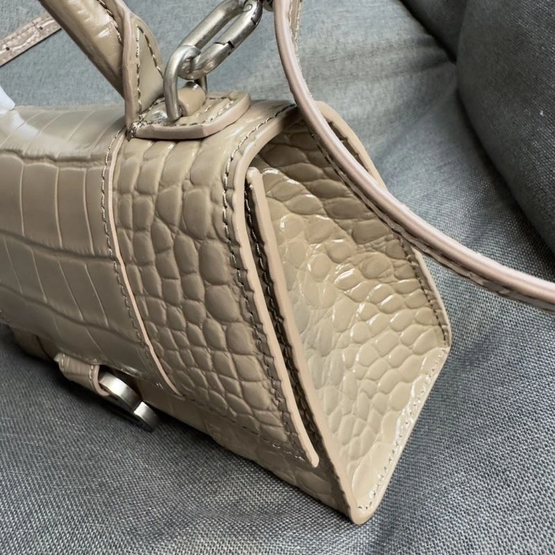 Timeless Balenciaga XS Khaki Crocodile Hourglass Bag with Silver Buckle 69998