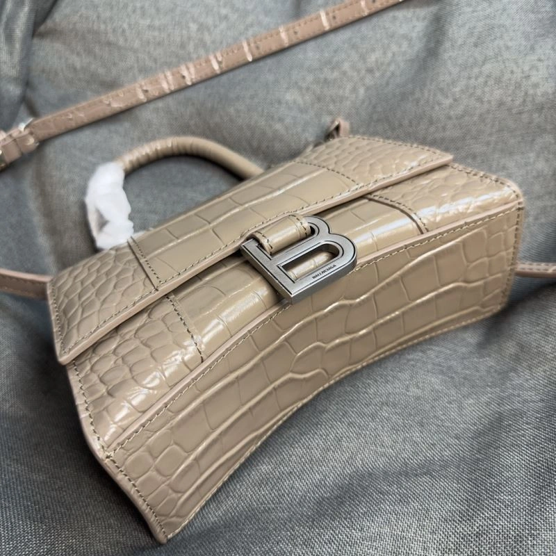 Timeless Balenciaga XS Khaki Crocodile Hourglass Bag with Silver Buckle 69998