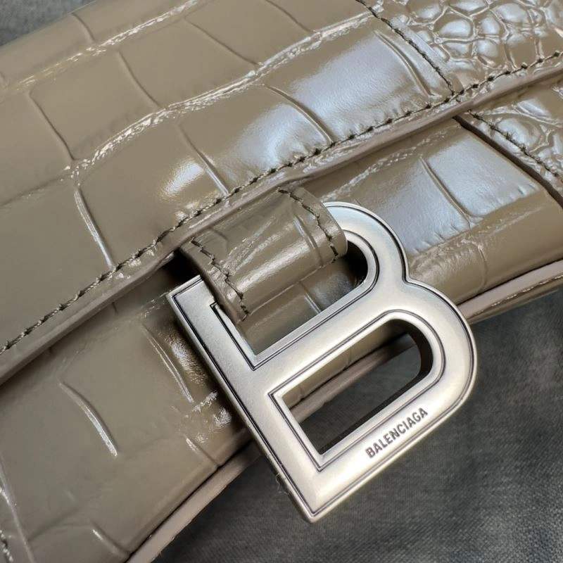 Timeless Balenciaga XS Khaki Crocodile Hourglass Bag with Silver Buckle 69998