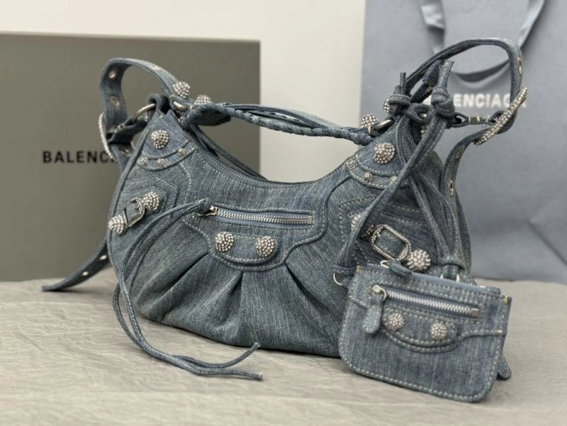 TimelessDesign Balenciaga Y2K Bling Denim Motorcycle Bag with Mirror Pouch 66916