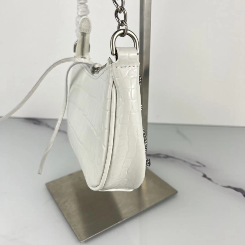 Crocodile White Le Cagole Mini Chain Motorcycle Bag with Rhinestones SmoothTexture 78832